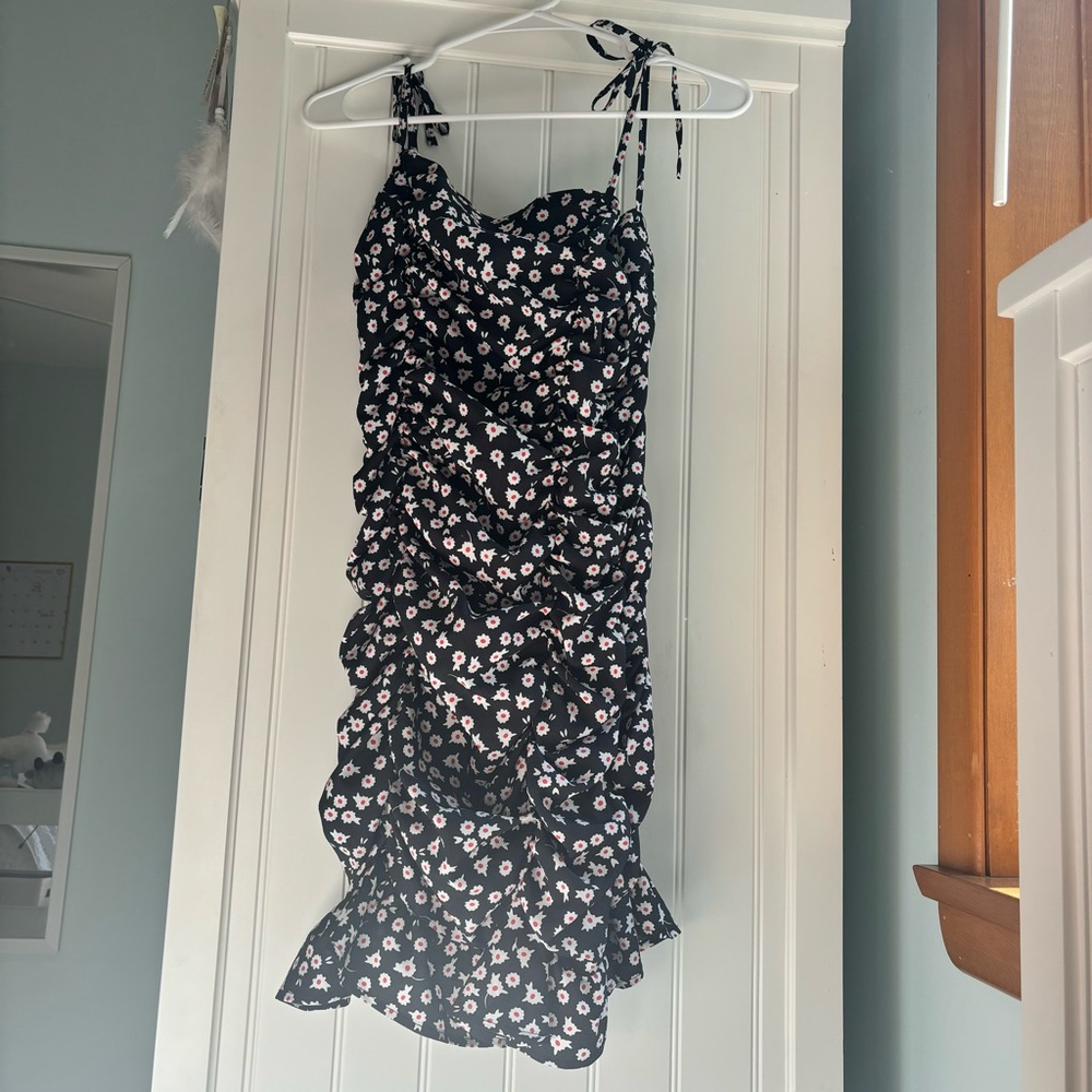 Tight Black Short Dress with Red and White Flowers and Spaghetti String Straps